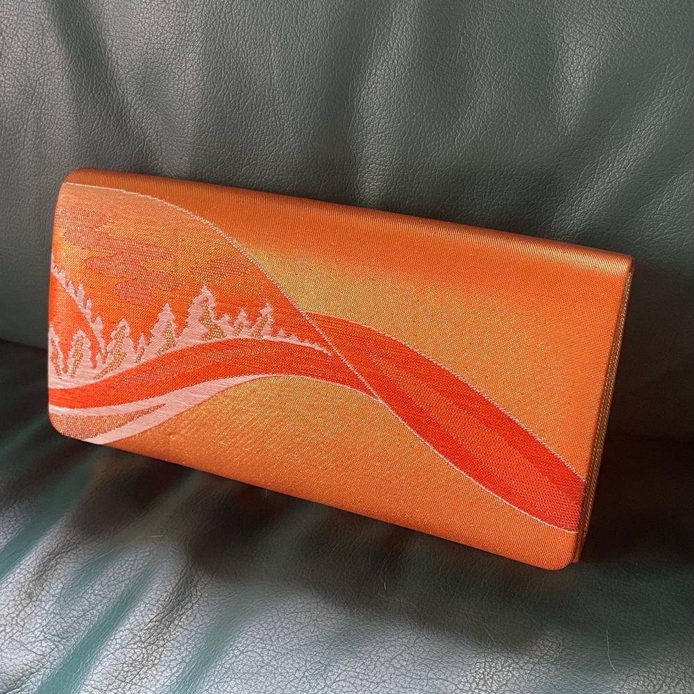 Vintage kimono silk iridescent clutch metallic orange landscape mountain pumpkin